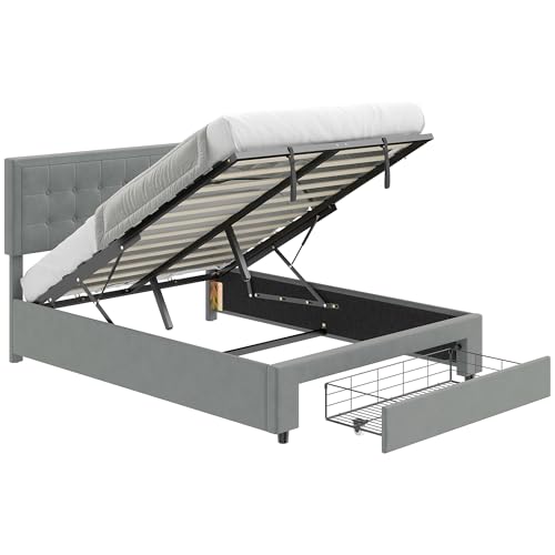 HOMCOM Upholstered Ottoman Bed with Storage Drawer and Adjustable Headboard, 4ft6 Double Size Bed Frame with Gas Lift End Opening, Wooden Slats, No Mattress, Grey