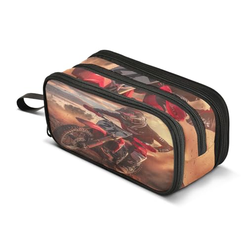 Image of Racing Dirtbike Motorcycle Pencil Case Large Capacity Pencil Pouch Boys Girls 3 Compartment Pen Bag School Office Stationery Organizer
