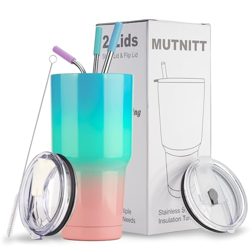 30 oz Tumbler with Lids and Straws,18/8 Stainless Steel Vacuum Insulated Coffee Tumbler,Insulated Travel Mug Water Cup with Leak-Proof Straw Lid & Flip Lid,3 Metal Straws,1 Cleaning Brush & Gift Box