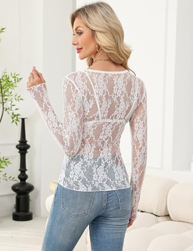 LOMON Womens Mesh Tops Lace Shirts Long Sleeve Crew Neck Sexy See Through Blouses Tee Party Club Night2