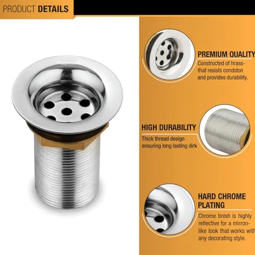 Image of Bassino Heavy-Duty Brass Waste Coupling 32mm (4 Inch) /Full Thread Non-Pop Up Basin Drain /Leak-Proof & Rust-Resistant /Simple Full Thread Drain Coupling(Chrome Finish)