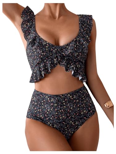 Floerns Conjunto de bikini Disty con estampado floral para mujer, traje de baño de cintura alta con volantes, Negro Multi, Large