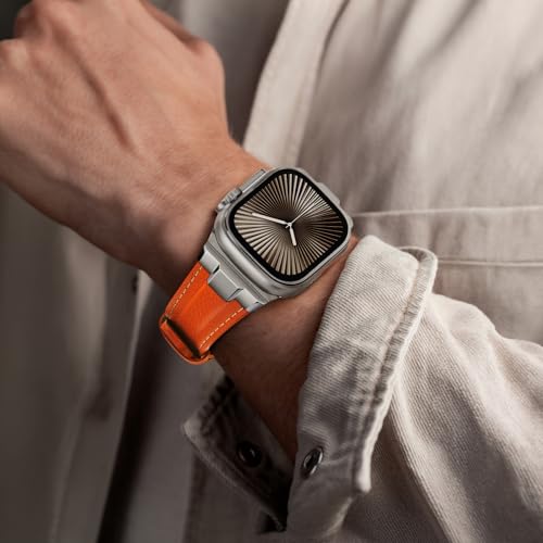 Image of Suitisbest Leather Bands Compatible for Apple Watch Ultra Band 49mm 46mm 45mm 44mm 42mm, Genuine Leather Rugged Durable Matel Connector Replacement Strap for Women Men iWatch Ultra 10 9 8 7 6 5 4 3 SE