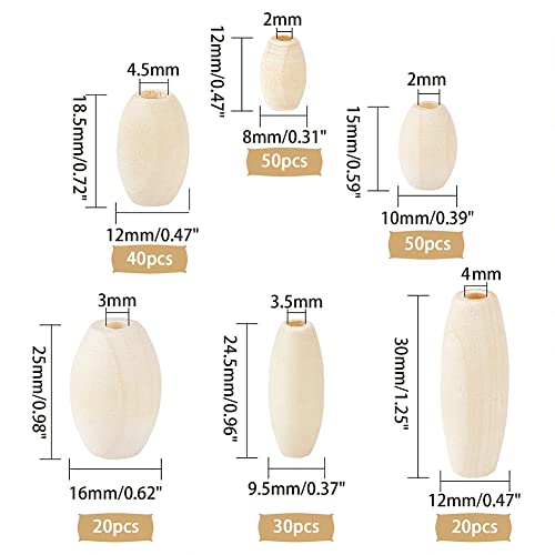 OLYCRAFT Oval Wood Beads - 210pc Natural Mixed Size Unfinished Barrel Spacer Beads for Jewelry Making DIY Craft - 6 Sizes - Image 2