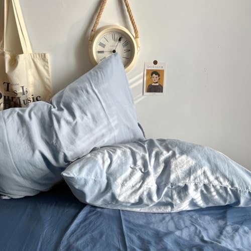 Image of mixinni 100% Washed Cotton Duvet Cover Set King Size, Solid Light Blue Ocean Themed Chic Bedding, Soft Breathable Minimalist Comforter Cover with Zipper Closure & Corner Ties-King Size