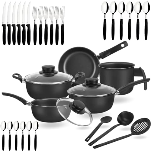 Jogo de Panelas Antiaderente Elegan 33 Peças C/Talheres Tampa de Vidro Alumínio Conjunto Facas Colheres Completo - Dona Chefa