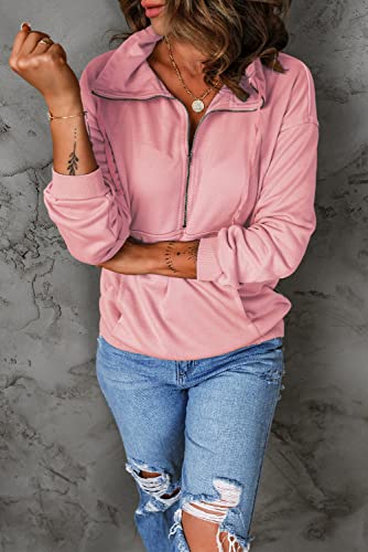Image of PRETTYGARDEN Women's Casual Long Sleeve Zipper Sweatshirt Drawstring Loose Quarter Zip Pullover Tops with Pockets