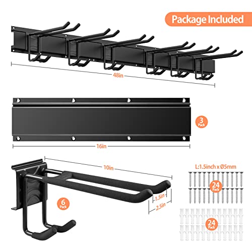 Garage Tool Storage Rack, 48 Inch Garage Organizer Wall Mounted Storage System With 6 Double Layer Hooks, Super Heavy Duty Garden Tool Hanger For Ski Gears, Chair, Rake Shovel Yard Tools #TOP6