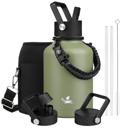 Image of Konokyo Insulated Water Bottle with Straw,50 oz 3 Lids Water Jug with Carrying Bag,Paracord Handle,Double Wall Vacuum Stainless Steel Metal Flask,Camp Green