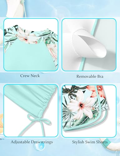 Image of AGAPENG Girls Swimsuit Two Piece Short Sleeve Rash Guard Floral Print Ruched Girls Bathing Suit UPF 50+ Swimwear for 9-16Y