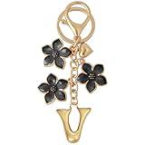 Snycler Bubble Initial Keychain Graceful Black Flower Keyring for Handbag Backpack car remote–Personalized Letter-V Charms Gift for Women