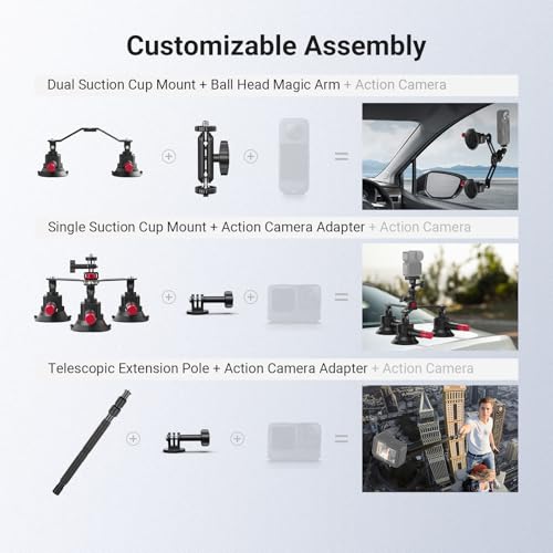 Image of NEEWER 5 in 1 Suction Car Mount Kit Compatible with Insta 360 X5 X4 X3 Insta360 X2 GoPro Max DJI OSMO 360 Action Camera Accessories, Quick Release with Invisible Selfie Stick for Windshield, CA075