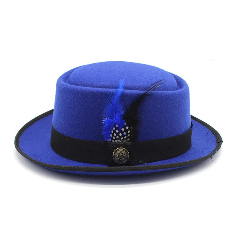 TAHALI RZL Chapeau Melon Chapeau Haut de Forme en Laine d'automne et d'hiver, Chapeau Haut de Forme Rond en Laine, Chapeau de Jazz for Homme avec Plume Noire et Bleue (Couleur : Bleu)