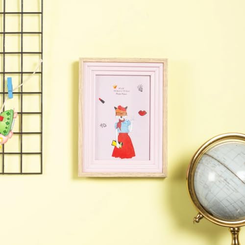 Image of Decorative Wooden Photo Frame 4x6, Pink & Natural Frame for Kids Room, Cute Bunny Illustration Picture Frame, 20cm x 15cm, Tabletop & Wall Display