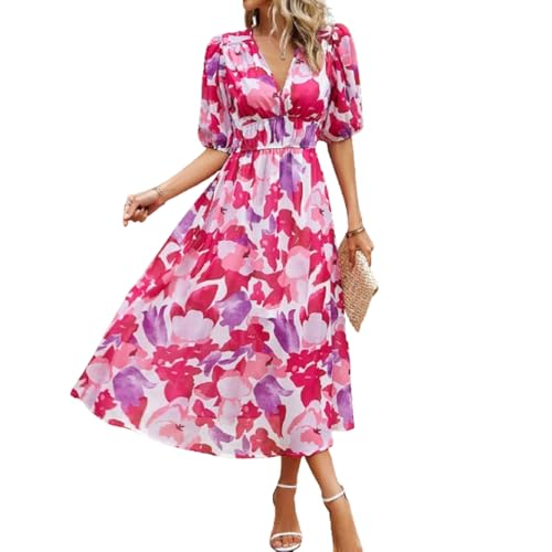 BSLVWG Maxi abito da donna bohémien, scollo a V, stampa floreale, a vita alta, stile bohémien, estivo, da spiaggia, per vacanze, Rosso, S
