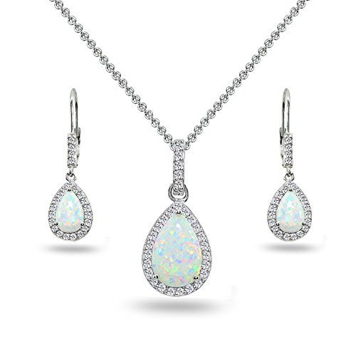 Sterling Silver Synthetic White Opal & Topaz Teardrop Halo Dangling Necklace & Leverback Earrings