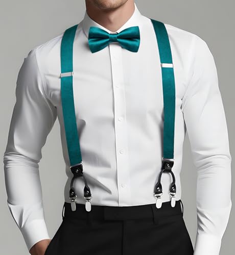 Image of Dubulle Suspender and Bow Tie for Men Paisley Solid Mens Suit Braces Pretied Bowtie and Handkerchief Cufflinks Formal Wedding