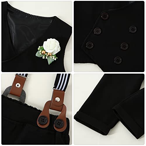 Image of YALLET Toddler Baby Boy Clothes Suit Gentleman Wedding Outfits, Formal Dress Shirt+Bowtie+Vest+Boutonniere+Suspender Pants