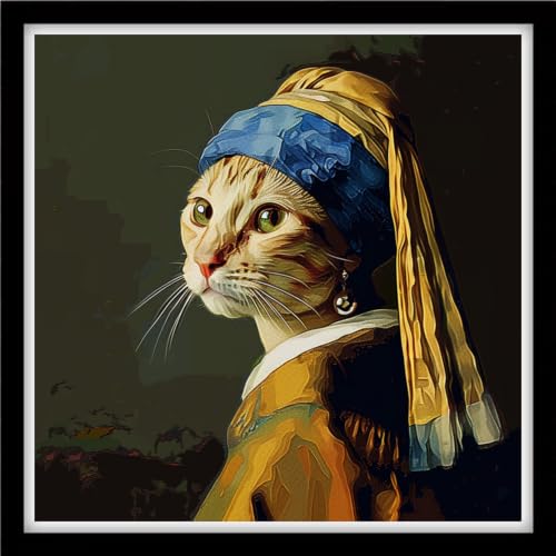 Image of Foxhool Stamped Cross Stitch Kits,11CT Printed Cross Stitch Pattern Full Embroidery Kits for Beginner Needlepoint Kits-A cat with Pearl Earrings 18x18 inchs