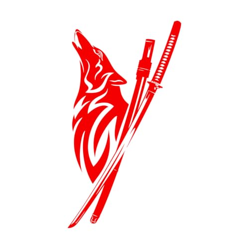 Japanese Samurai Katana Sword with Wolf Howls Vinyl Wall Stickers 30x54.7cm Glass Stickers Red