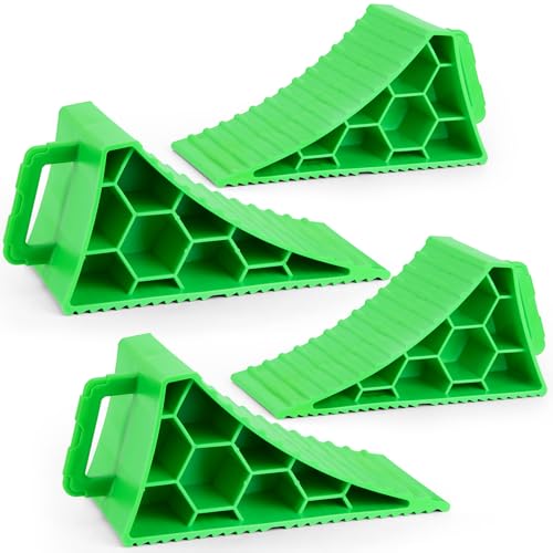 Image of PAHTTO Wheel Chocks 4 Pack, RV Chocks with Handles for RV Trailer Camper Car Truck, Wheel Block Stopper for Tire, Strong RV Wheel Chocks Hexagonal Honeycomb Structure, RV Trailer Accessories, Green