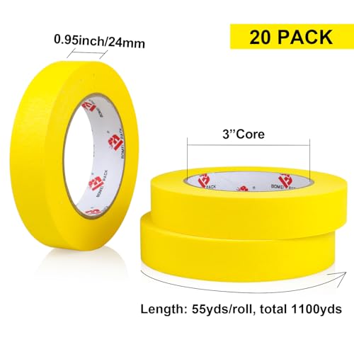Image of BOMEI PACK Yellow Painters Tape 1 Inch Bulk - Paint Tape 20 Rolls x 1 Inch x 55 Yards - Yellow Masking Tape for Walls Painting, DIY Crafting, Edge Finishing and School Projects, Total 1100 Yards