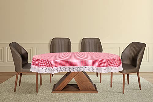 Image of The Furnishing Tree Waterproof PVC Oval Shaped 4 to 6 Seater Table Cover WxL 54x78 inches Pin Check Pattern Pink with White Border lace