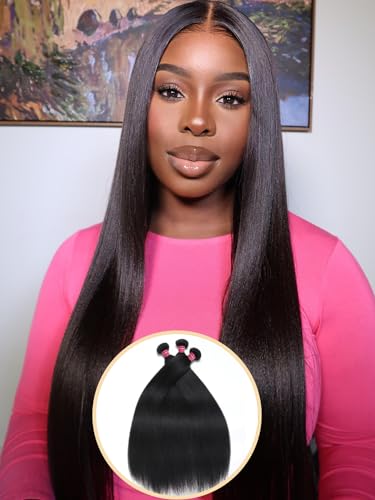 Nadula 12A Yaki Straight Human Hair 3 Bundles 18 16 14 inches, 100% Unprocessed Virgin Human Hair Weave Extensions for Women Natural Color