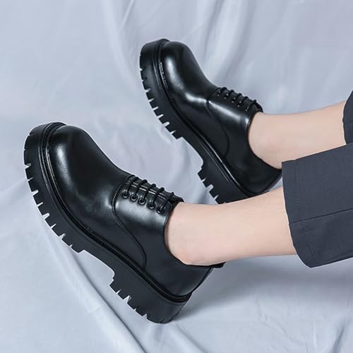 Image of Men's Polishing Leather Lace-Up Chunky Heels Oxfords Lug Sole Fashion Round Toe Formal Business Shoes Comfortable Non-Slip Walking Sneakers