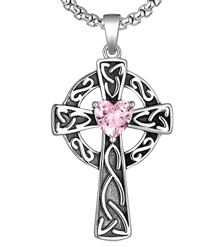 YL Women s Celtic Knot Cross Necklace Sterling Silver Filigree Infinity Pendant Created Pink Tourmaline Crucifix Jewelry