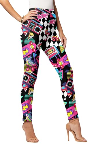 Women's 80s Leggings Neon Artistic Splash Printed Soft Stretchy Pants Running Workout Leggings Athletic Yoga Pants
