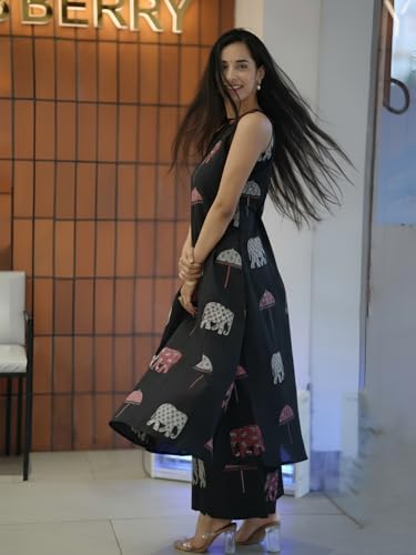Image of GoSriKi Cotton Co Ord Set for Women | Kurta with Palazzo | Kurti for Woman | Black Printed Ethnic Outfit | Cord Style Dress | Stylish Indian Clothing Office Party Traditional Fashion Look