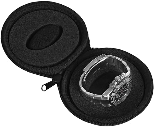 WATCHPOD Travel Watch Case | Single Watch Box w/Zipper for Storage | Cushioned Round Portable Watch Case for Travel | Fits all Wristwatches and Smart Watches up to 50mm (Black)