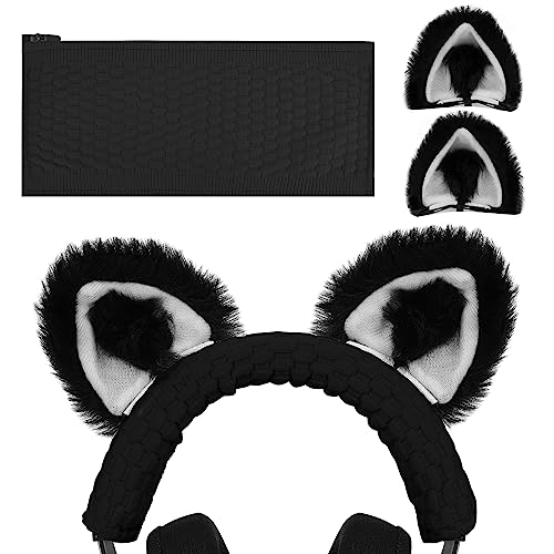 Geekria NOVA Knit Fabric Headband Cover+Cat Ears Attachment Set Compatible with Razer, SteelSeries, HyperX, Sennheiser, ASTRO, Sony, Logitech, ATH Headphones (Black/White)