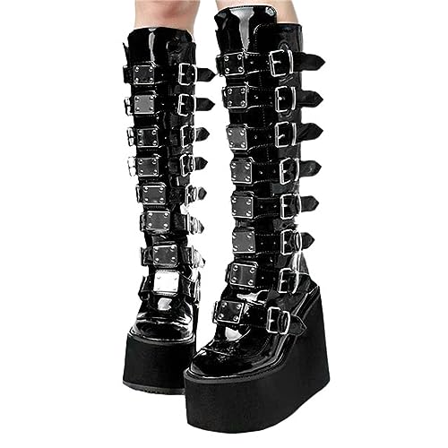 tinbarry Bottes Femme Bottes D'hiver Hautes Bottes Gothiques Punk à Plateforme Bottes Compensées en Cuir PU Bottines Compensées Vintage Bottes de Combat à...