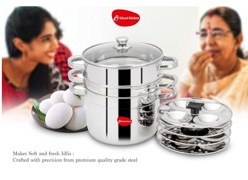 Image of KLASSI KICHEN Stainless Steel Idli Maker 1.5 Litre with Glass Lid & Pipe Handle | 4 Plates 16 Idlis Steamer | Gas Stove & Induction Compatible | Idli Cooker Steamer Pot | South Indian Idli Stand Maker
