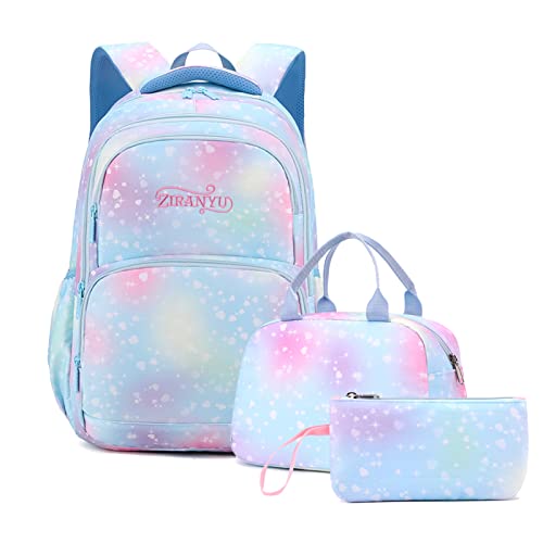 Tanou Mädchen 3PCS Herz Druck Schulrucksack Mädchen Set, Grundschule Kinder Büchertasche mit Mittagessen Tasche Bleistift Box, 3 in 1 Leichte Schultasche, Blau Liebe