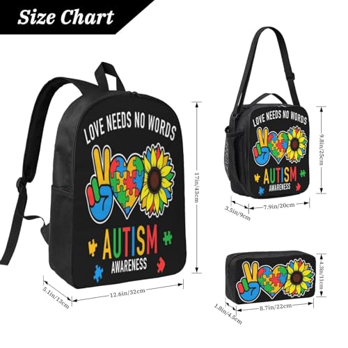Autism Awareness Sunflower 17 Inch Backpack Sets Lunch Bag Lightweight Daypack for Men Women 3Pcs2