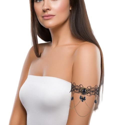 GORGECRAFT 2 Brazalete Gótico con Cadena para la Parte Superior del Brazo Colgante Negro de Cristal Pulsera de Aleación Punk Ajustable Brazalete Abierto con Borla de Poliéster Verano Playa Brazalete