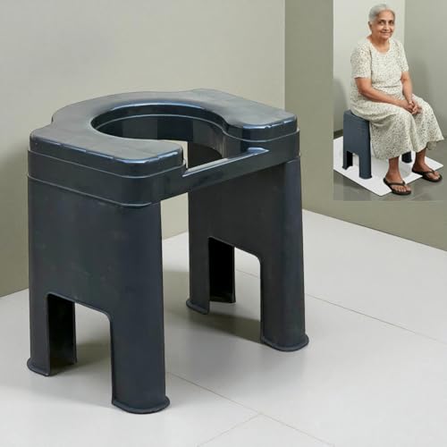 Image of Veayva FlexEase Commode Stool - Wide Seat, Non-Rust Plastic, Knock-Down Design | Shower-Friendly Toilet Stool for Elderly, Disabled, Adults | Lightweight & Hygienic (Onyx Noir Black)