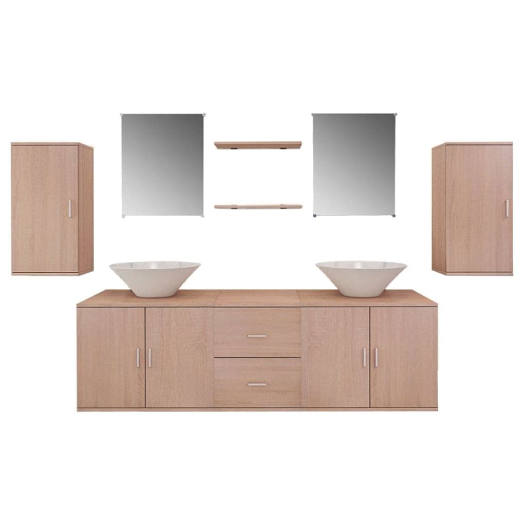Juego de muebles de baño de 9 piezas beige con armario de lavabo y lavabo de cerámica como lavabo de pared con espejo, para baño moderno