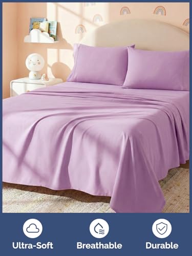Image of Kids Full Size Bed Sheet Set - 4 Piece Kids Loft Bed Sheets - Solid Violet Themed Bedding - Soft, Cute and Cozy - Breathable and Machine Washable - Bedding for Boys, Girls, Teens & Toddlers - Oeko-Tex