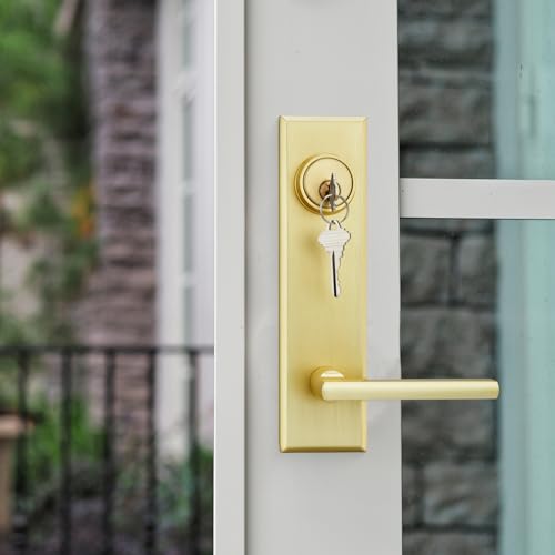 Image of Haidms Gold Front Door Handle - Entry Door Lever and Deadbolt Set, Modern Brushed Gold Exterior Door Lock Set, Square Front Door Handles