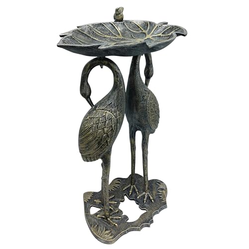 Image of Oakland Living Cast Aluminum 30-in Twin Crane Silver Gold Bird Bath with Leaf Bowl