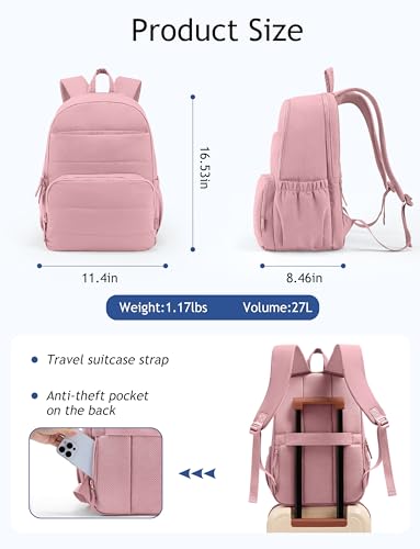 Image of Uselike Travel Backpack for Women, 15.6 Inch Laptop Backpack, Quilted College Bookbag, Cute Work Backpacks, Water Resistant (Mauve Pink)