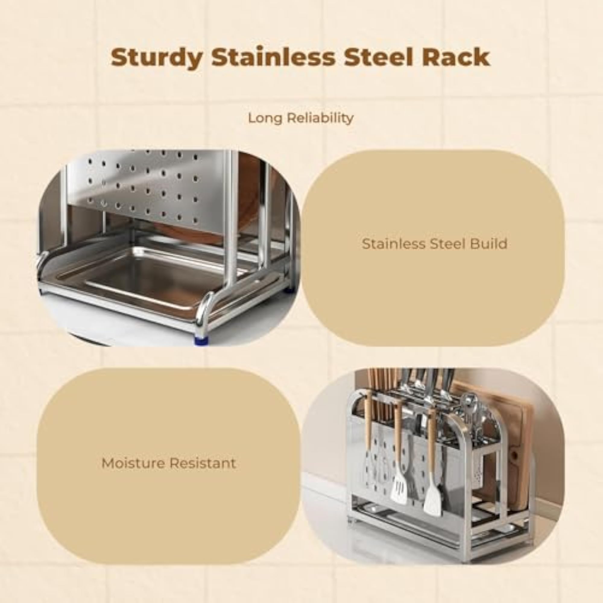 Kitchen Storage Rack, Stainless Steel Organizer, Multifunctional