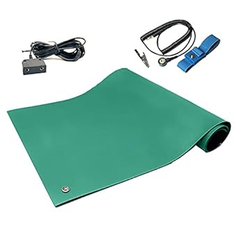 RubberStat Dual Layer ESD Compliant Workstation Rubber Table Mat Kit, Soldering, Cell Phone Repair, with Wrist Strap Set and Ground Cord - 24"x16" Green