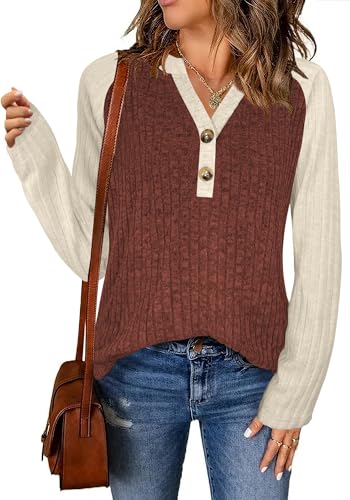 Dimur Tops for Women Trendy Long Sleeve Color Block Shirts Losse Fit Pullover Sweaters V Neck Techer Outfits XXL