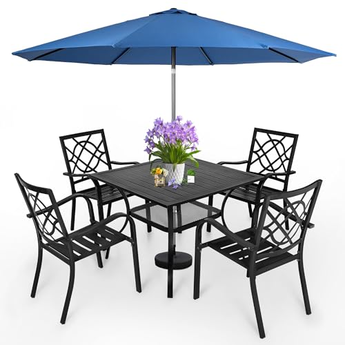 SUNCROWN 5-Piece Outdoor Wrought Iron Chairs and Table Patio Dining Furniture Set - 4 Stackable Metal Chairs, 1 Steel Slat Bistro Table and 1 Dark Blue 9Ft Patio Umbrella for Garden Backyard Deck - Thumbnail 2