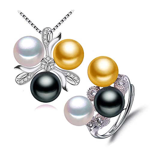 LOKILOKI Gioielli di Perle d'Acqua Dolce Collana Multicolor alla Moda Set di Gioielli da Sposa Collana di Perle per Le Donne Anello di Fiori Romantico